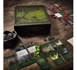 La boite du jeu de société Disney Villainous avec son matériel en cours de partie